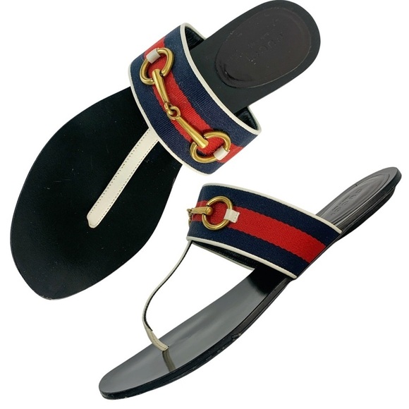 Gucci Querell Horsebit Web Stripe Logo Leather Thong Sandals EU 39 - Picture 1 of 15
